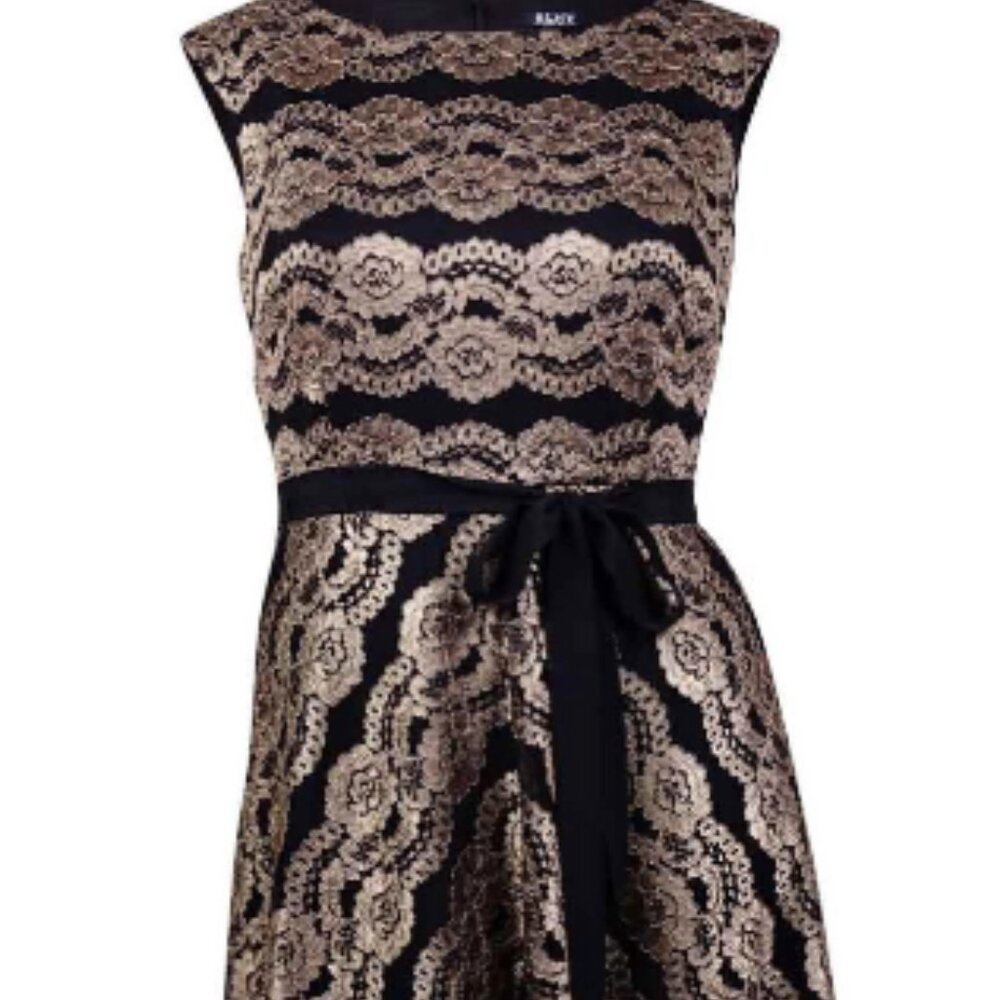 SLNY Fashion / Belted Overlay Lace Dress / Black & Gold / Size 8